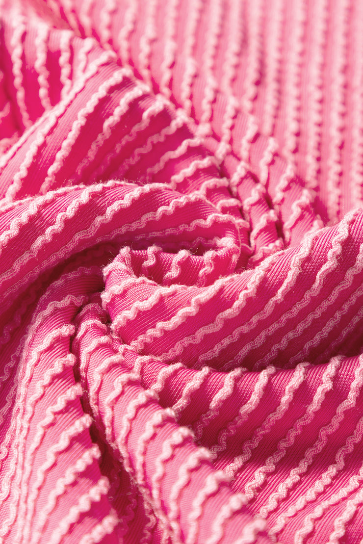 Bright Pink Solid Corded Knit Short Sleeve T Shirt and Wide Leg Pants Set