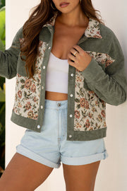 Sage Green Ribbed Retro Floral Patchwork Shirt Style Jacket