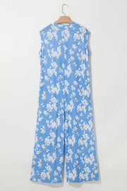 Myosotis Floral Print Half Button Wide Leg Relaxed Sleeveless Jumpsuit