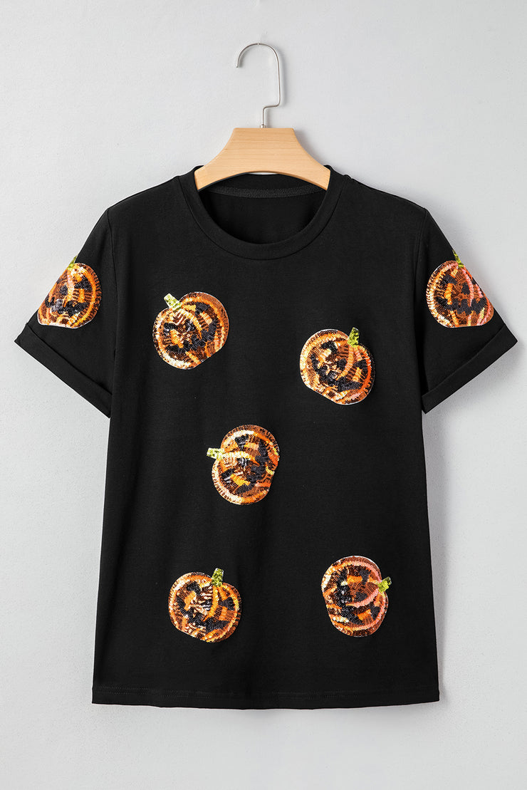 Black Sequin Pumpkin Face Halloween T Shirt