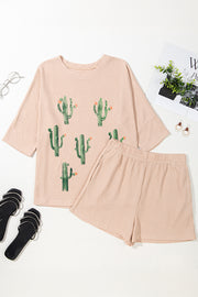 Light French Beige Cactus Forest Waffle Half Sleeve Tee Short Set