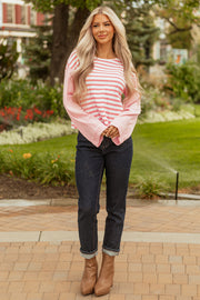 Pink Stripe Textured Contrast Dropped Long Sleeve Top
