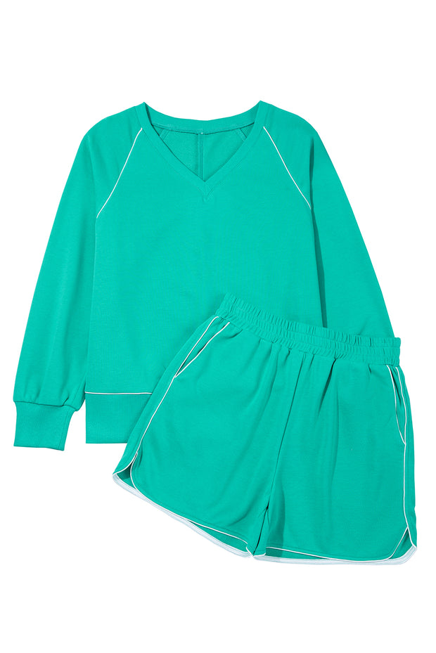 Dark Green Colorblock Trim V Neck Pullover Top and Shorts Set