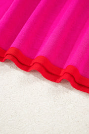 Rose Red Contrast Trim Round Neck Short Sleeve Loose Knit Sweater