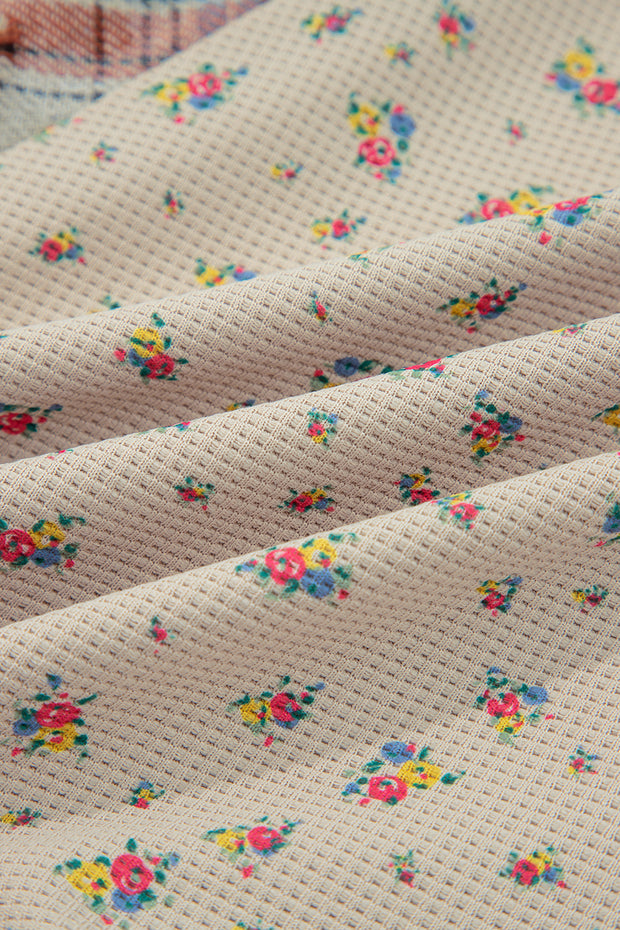 Ashleigh Blue Boho Floral Plaid Patchwork Distressed Detail Ruffled Sleeve Waffle Knit Shacket