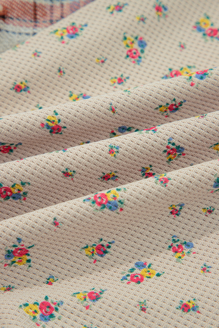 Ashleigh Blue Boho Floral Plaid Patchwork Distressed Detail Ruffled Sleeve Waffle Knit Shacket