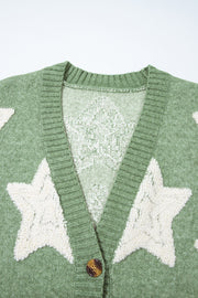 Green Sherpa Star Pattern Textured Sweater Cardigan with Pockets