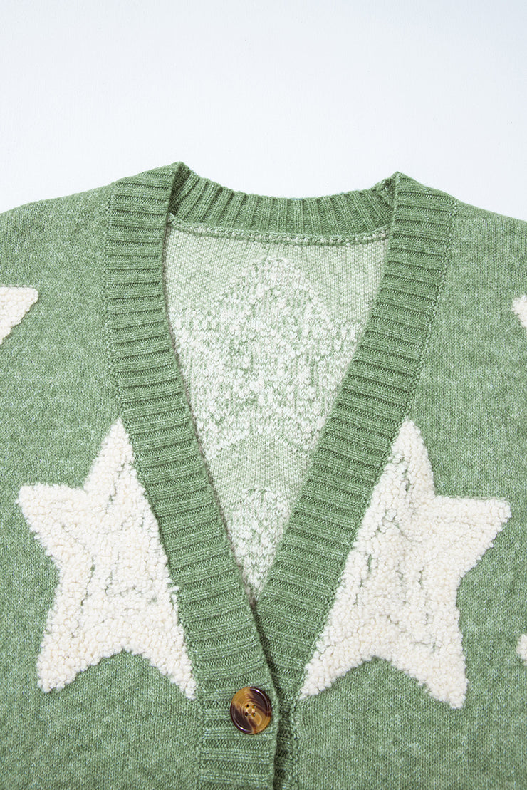 Green Sherpa Star Pattern Textured Sweater Cardigan with Pockets