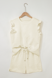 White Bow Jacquard Ruffle Sleeve Short 2pcs Outfit