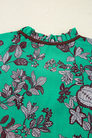 Green Leaves Print Contrast Trim V Neck Shirred Puff Sleeve Blouse