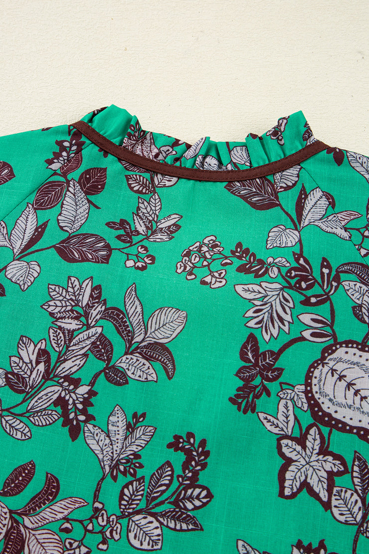 Green Leaves Print Contrast Trim V Neck Shirred Puff Sleeve Blouse