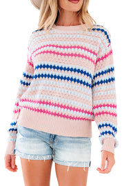 Khaki Stripe Eyelet Patterned Drop Shoulder Sweater