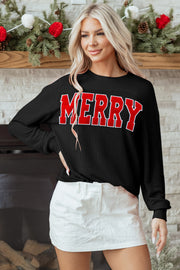 Black Twisted Rib Outlined Merry Letter Graphic Loose Long Sleeve Top