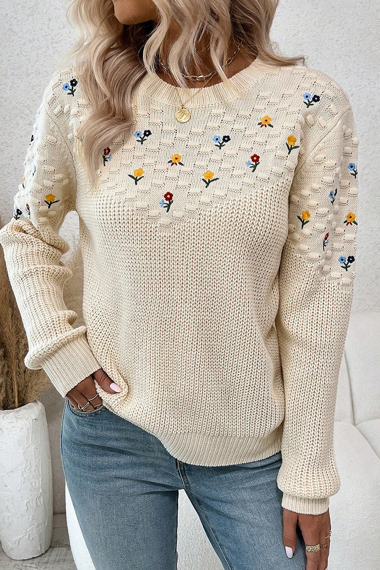 Jet Stream Mixed Texture Knit Flower Embroidered Detail Casual Sweater