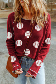 Red Baseball Patched Patterned Game Day Waffle Raglan Top