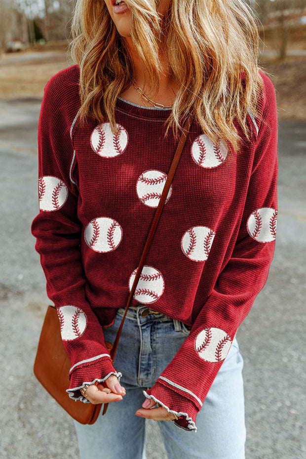 Red Baseball Patched Patterned Game Day Waffle Raglan Top