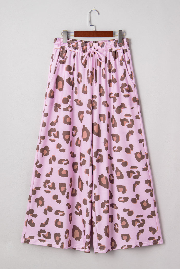 Pink Drawstring Leopard Print Patch Pocket Loose Pants