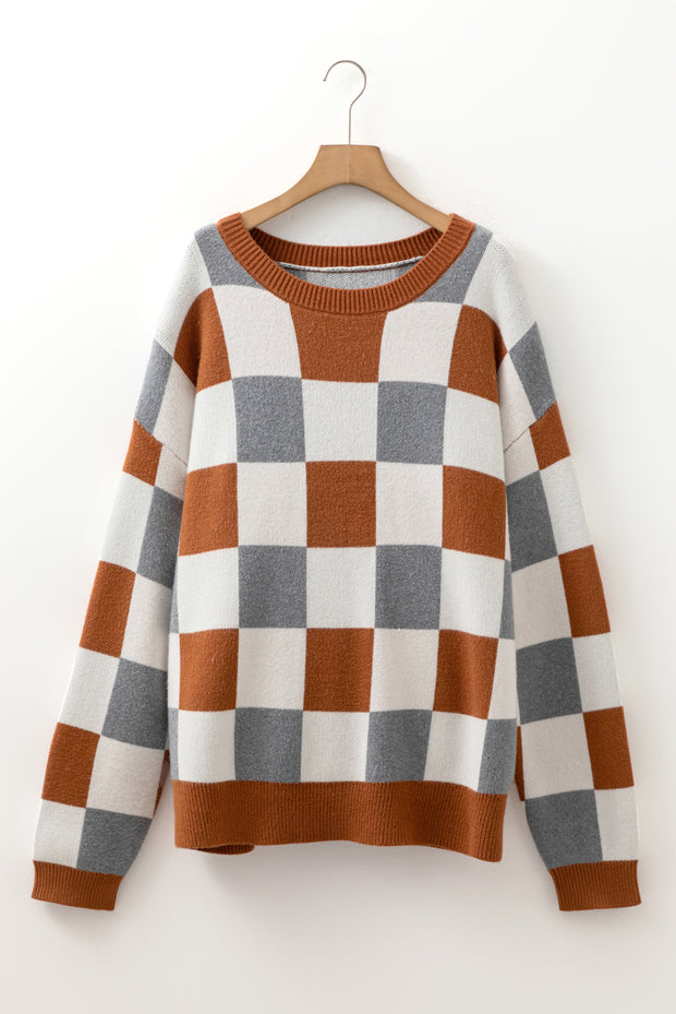 Brown Plus Size Checkered Crewneck Sweater