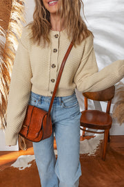 Beige Button Front Cropped Cardigan Sweater