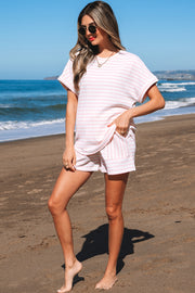 Pink Stripe Knitted Short Sleeve Top and Drawstring Shorts Set