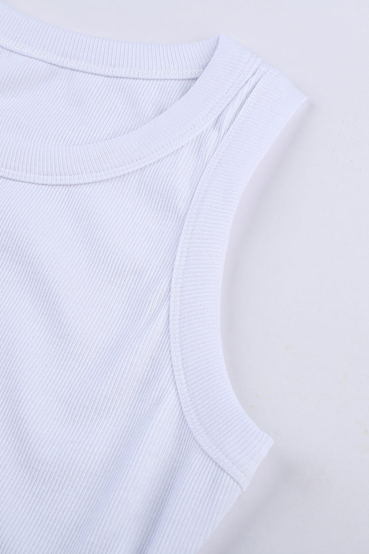 Solid White Round Neck Ribbed Tank Top