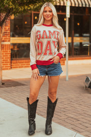 Oatmeal GAME DAY Letter Graphic Varsity Striped Detail Baggy Sweatshirt