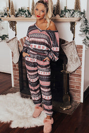 Black Retro Christmas Pattern Loose Pullover 2pcs Lounge Pant Set