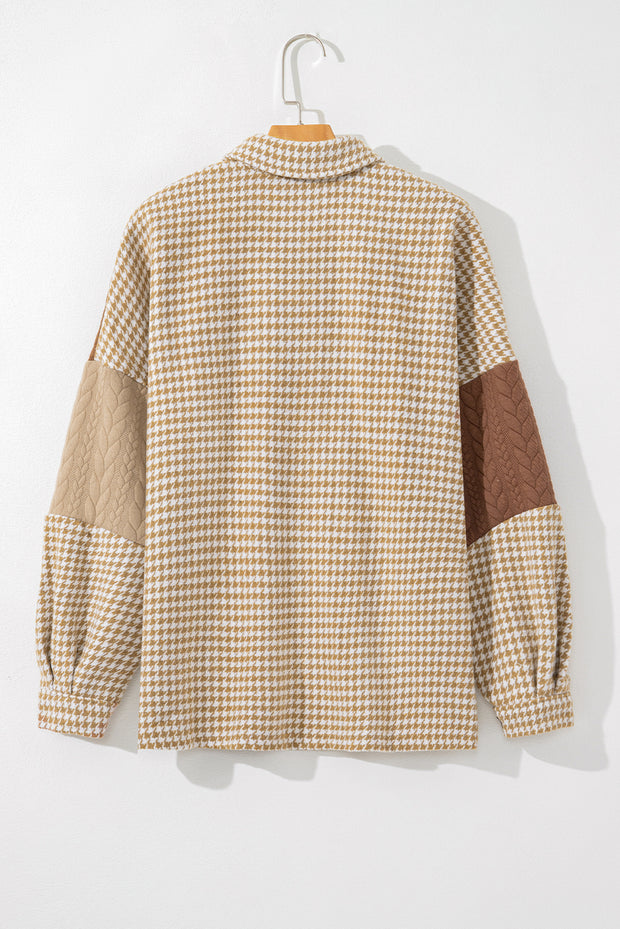 Khaki Houndstooth Color Contrast Textured Patchwork Loose Shacket