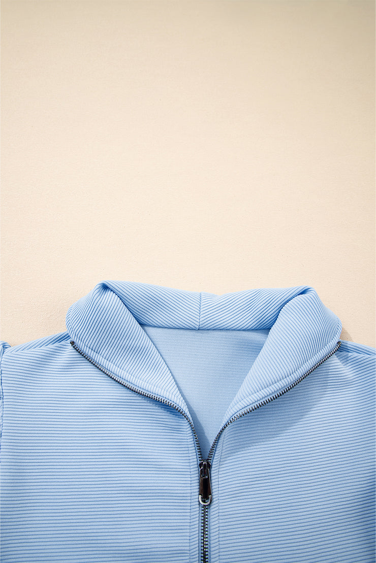 Beau Blue Textured Ruffled Sleeve Zipped Top and Wide Leg Pants Set