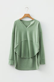 Smoke Green Notched Neck Terry Raw Hem Long Sleeve Top
