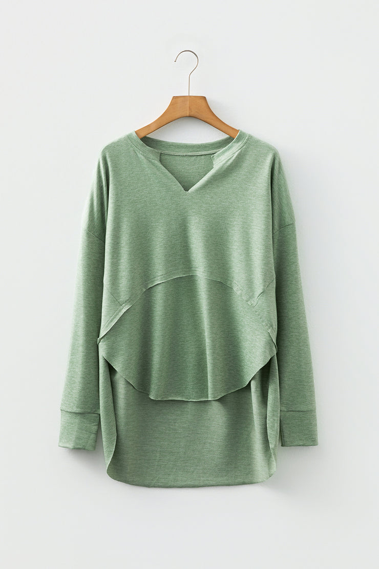 Smoke Green Notched Neck Terry Raw Hem Long Sleeve Top