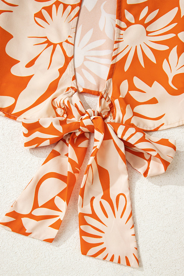 Orange Floral Print Knotted Open Back Long Sleeve Blouse