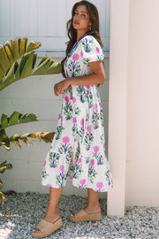 White Floral Puff Short Sleeve V Neck High Waist Maxi Dress