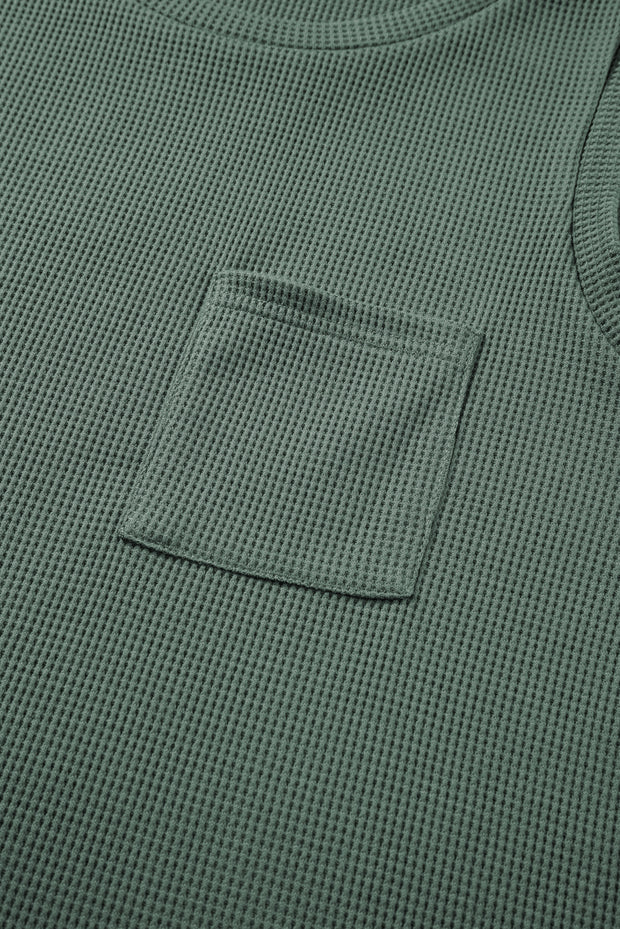 Mist Green Waffle Knit Patched Pocket Tank and Drawstring Shorts Set