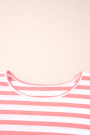 Pink Stripe Textured Contrast Dropped Long Sleeve Top