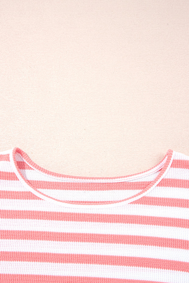 Pink Stripe Textured Contrast Dropped Long Sleeve Top