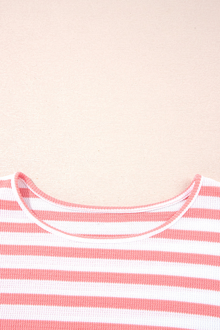 Pink Stripe Textured Contrast Dropped Long Sleeve Top