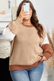 Light French Beige Contrast Stitch Detail Color Block Knitted Plus Size Sweater