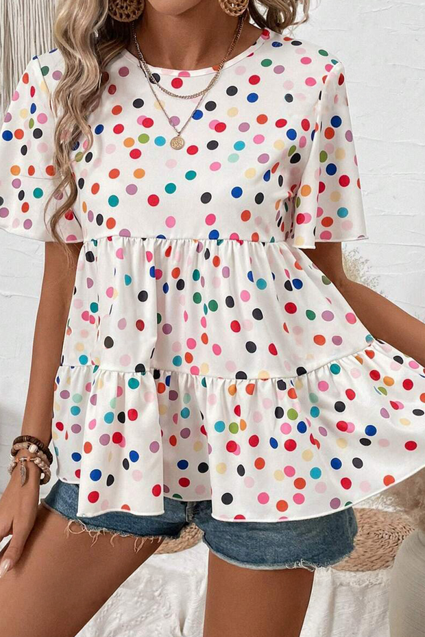 White Colorful Polka Dot Short Sleeve Tiered Ruffled Babydoll Blouse