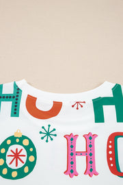 White Plus Size Christmas Ho Ho Ho Print Long Sleeve Top and Shorts 2pc Lounge Set