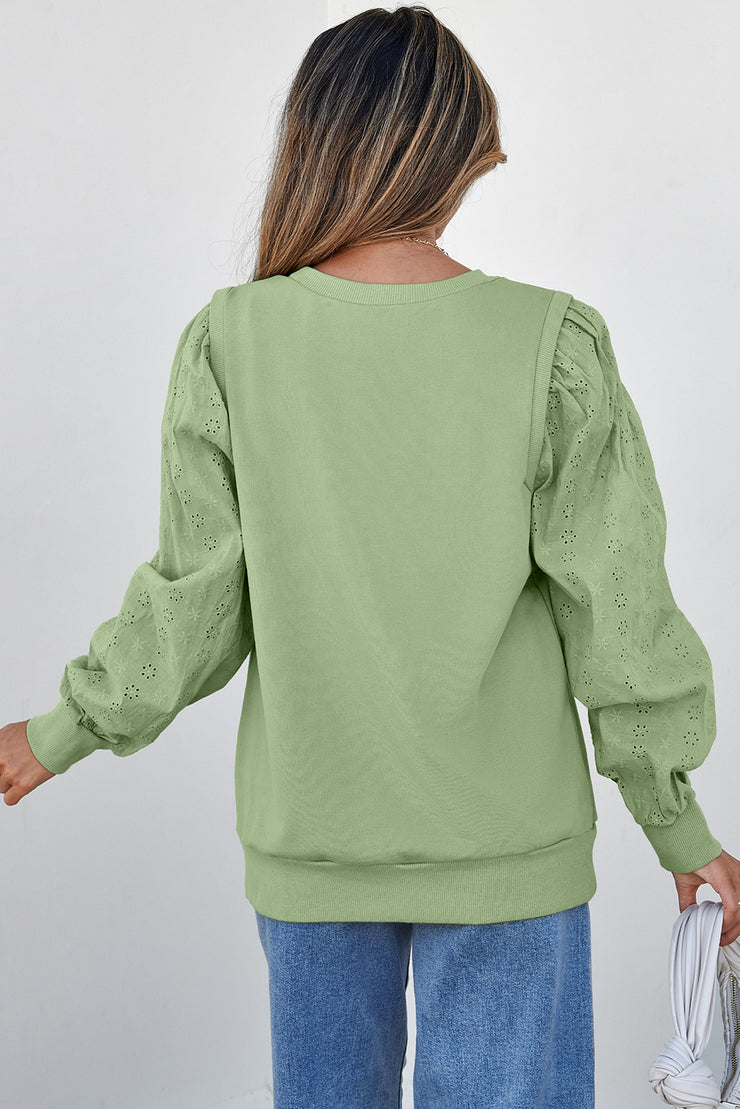 Sweat-shirt à col rond et manches patchwork vert brume