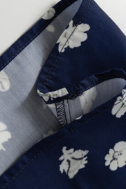 Blue Floral Print Half Sleeve Contrast Trim V Neck Blouse