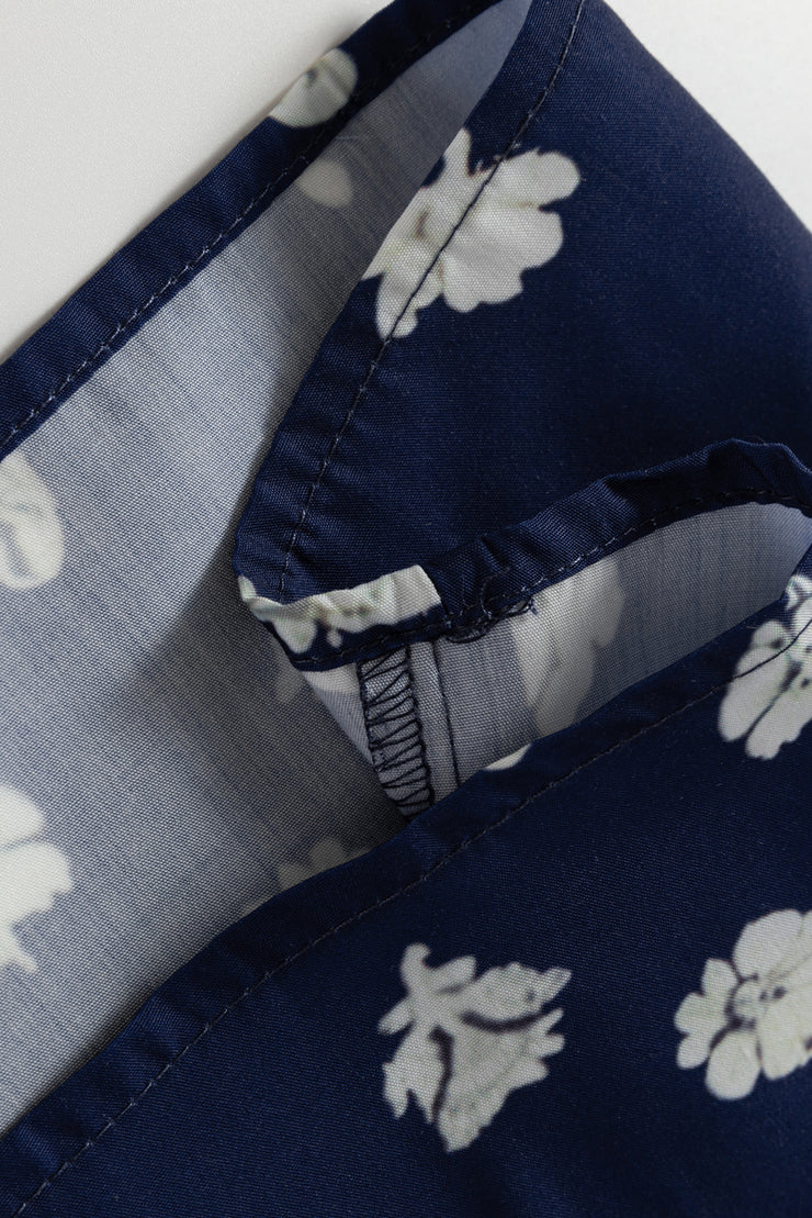 Blue Floral Print Half Sleeve Contrast Trim V Neck Blouse