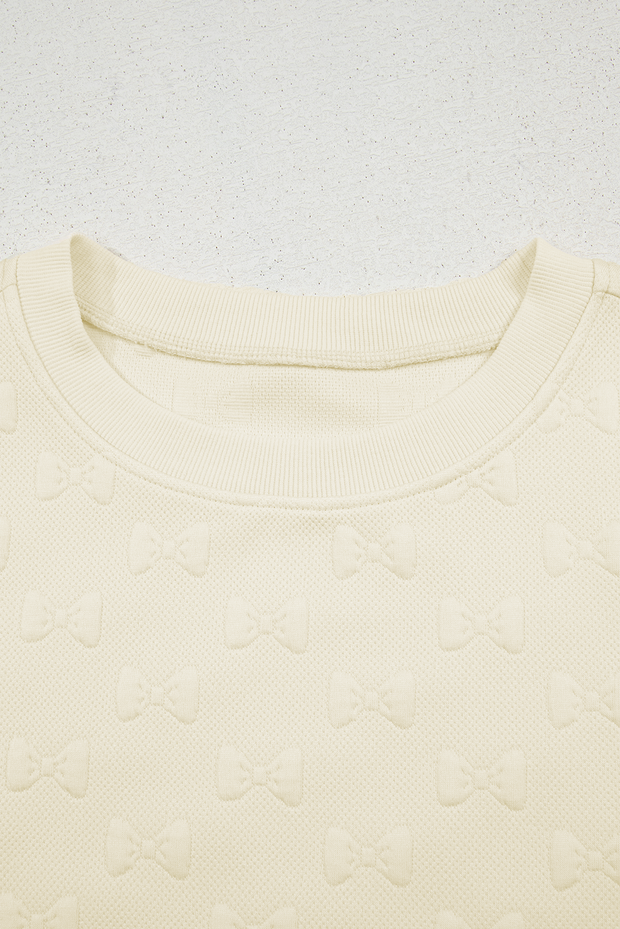 White Bow Jacquard Ruffle Sleeve Short 2pcs Outfit