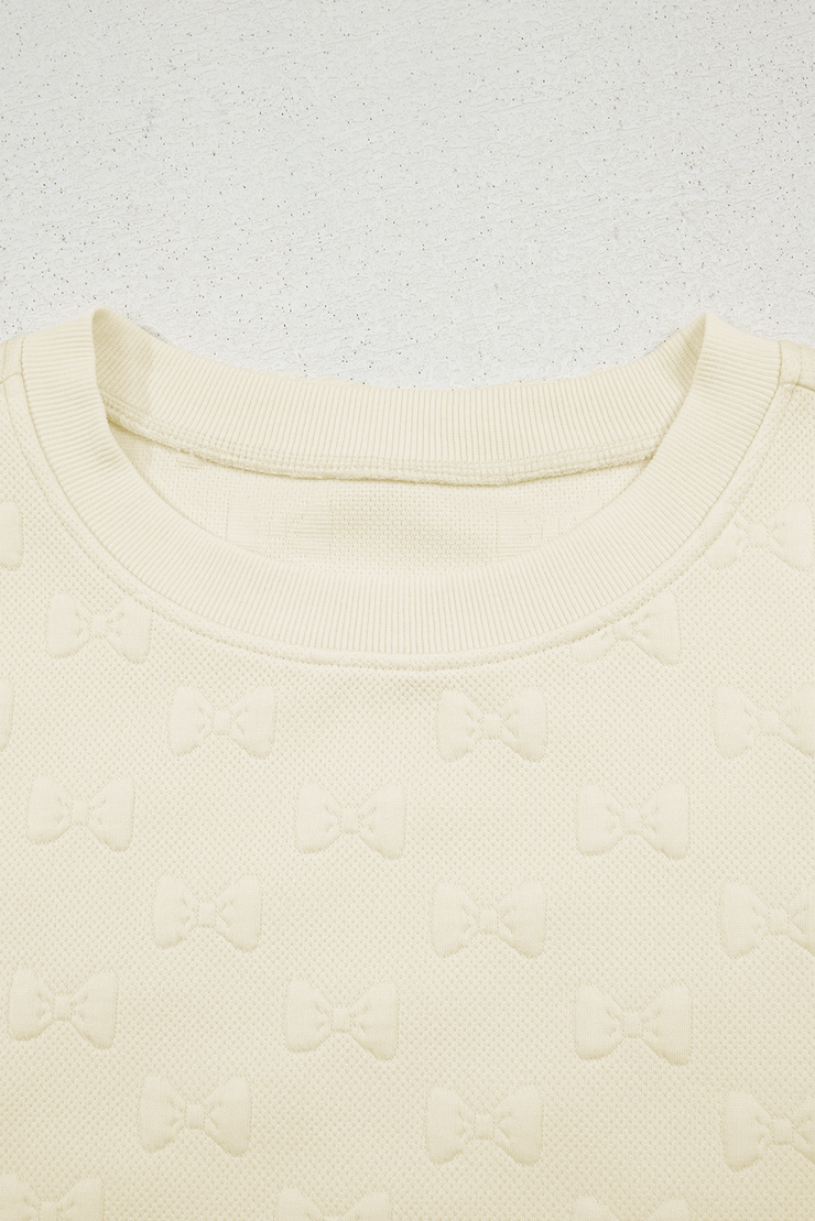 White Bow Jacquard Ruffle Sleeve Short 2pcs Outfit