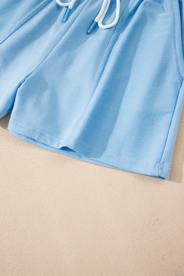 Myosotis V Neck Drop Shoulder Tee and Patchwork Drawstring Shorts Set