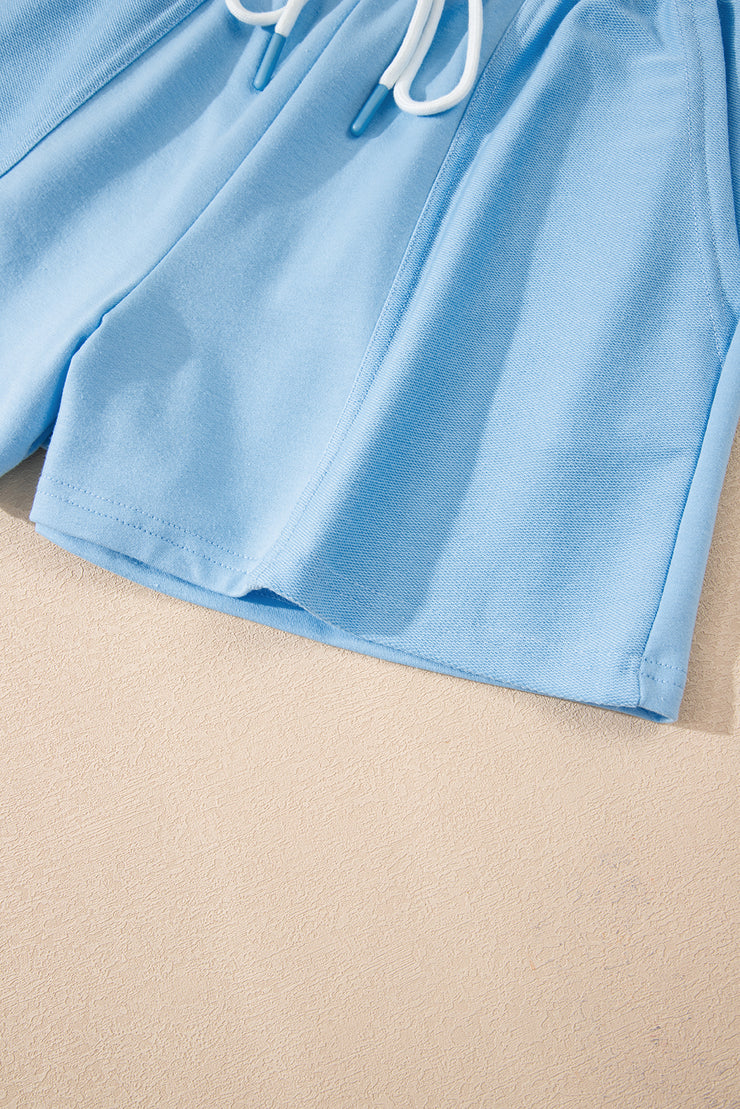 Myosotis V Neck Drop Shoulder Tee and Patchwork Drawstring Shorts Set