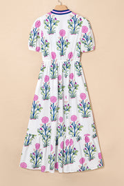 White Floral Puff Short Sleeve V Neck High Waist Maxi Dress