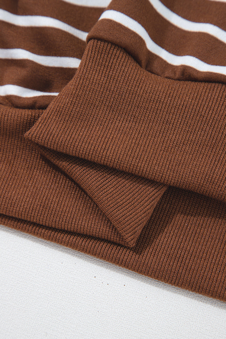 Coffee Striped Long Sleeve Round Neck Loose Top