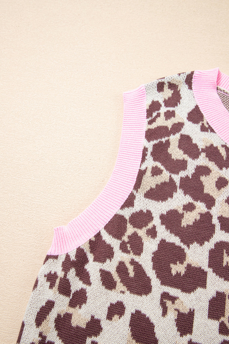 Brown Leopard Pattern Contrast Ribbed Trim Sweater Vest